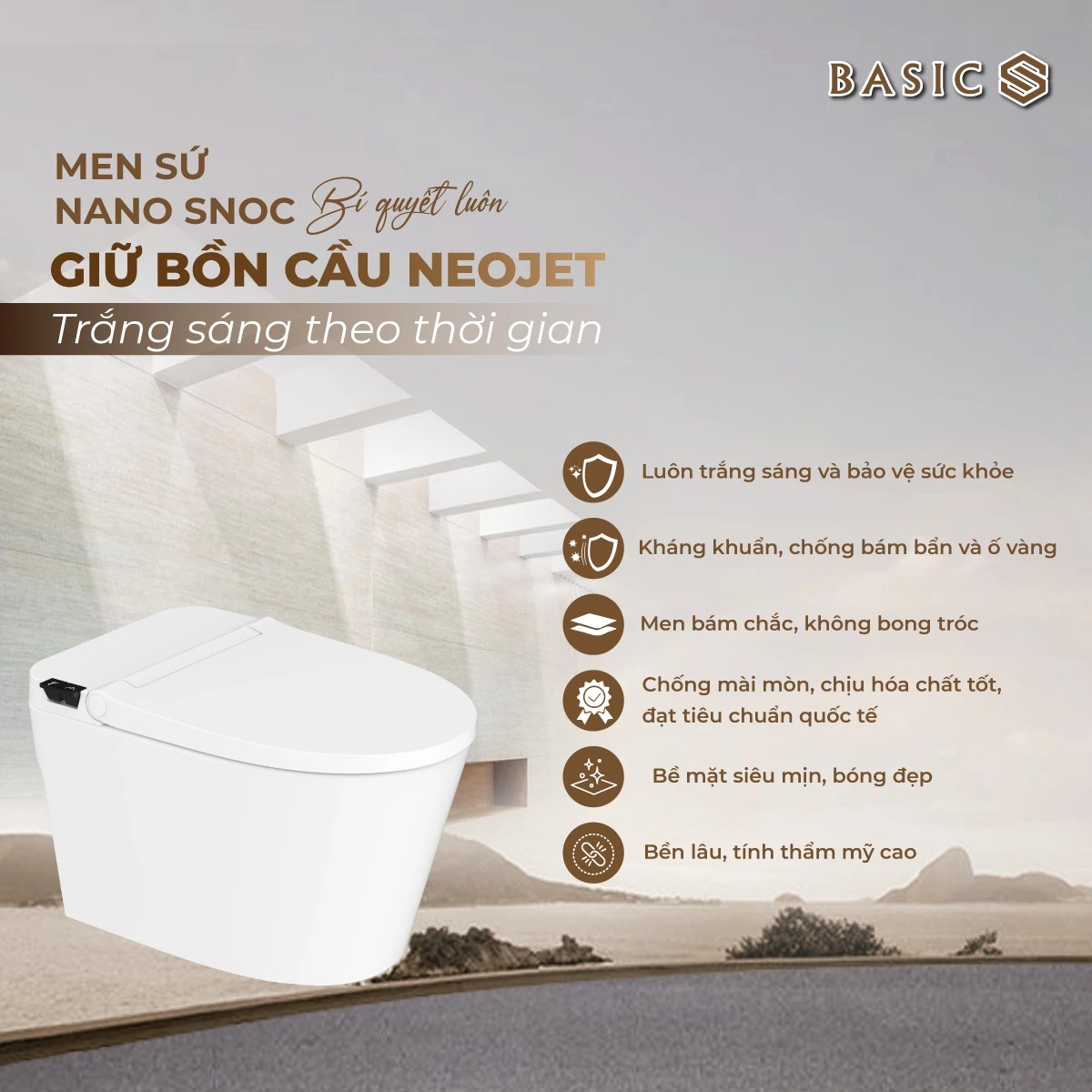 Công nghệ men sứ Nano SNOC kháng khuẩn ngăn bám bẩn trên bồn cầu Basic