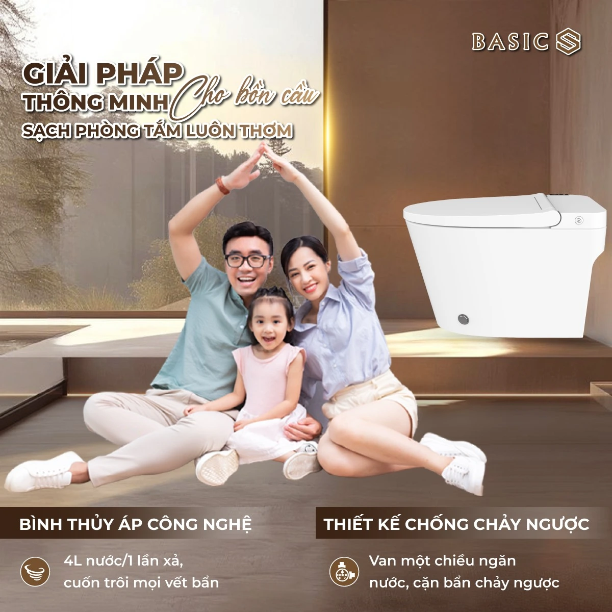 Mẫu phòng tắm hiện đại với bồn cầu chăm sóc Basic thiết kế không kết nước gọn gàng