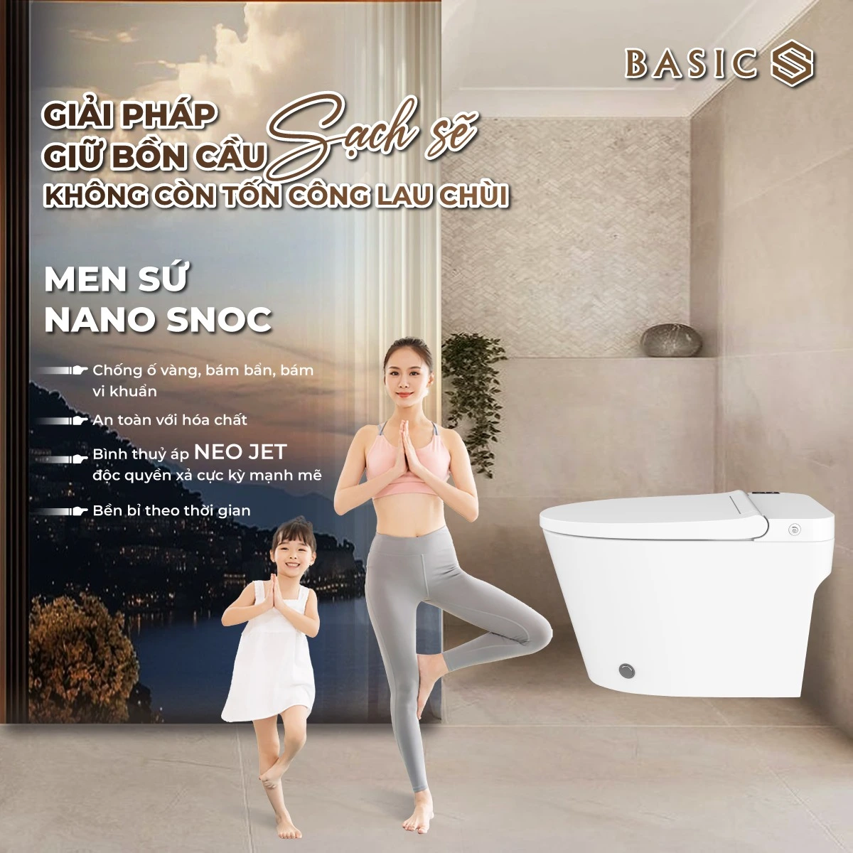 Mẫu phòng tắm hiện đại với bồn cầu chăm sóc Basic thiết kế không kết nước gọn gàng